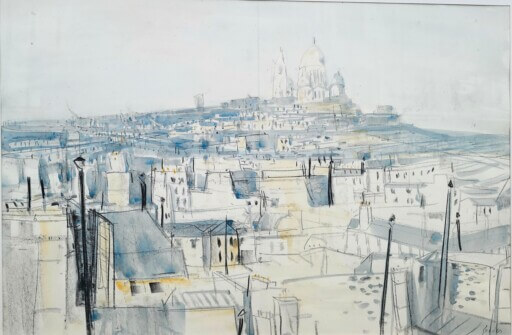 Blick auf Sacré-Coeur und Montmartre-Aquarellierte Zeichnung von Rudolf Zender