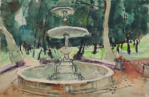 Aquarell von Rudolf Zender - Brunnen im Park