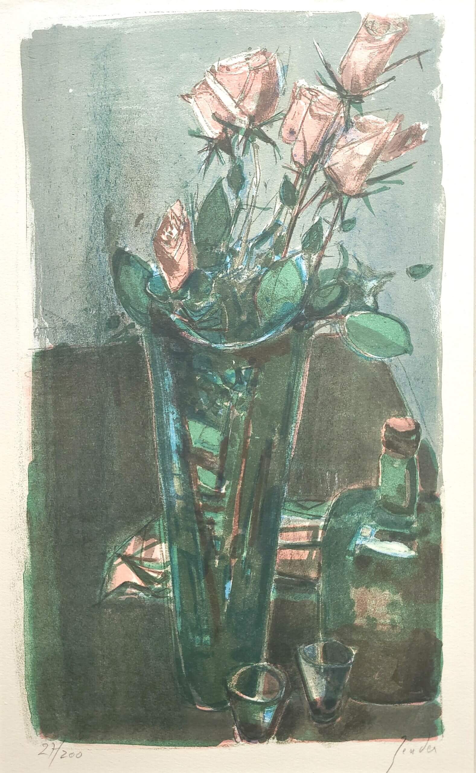 Rudolf Zender (1901-1988) Stilleben mit Rosen - Farblithografie