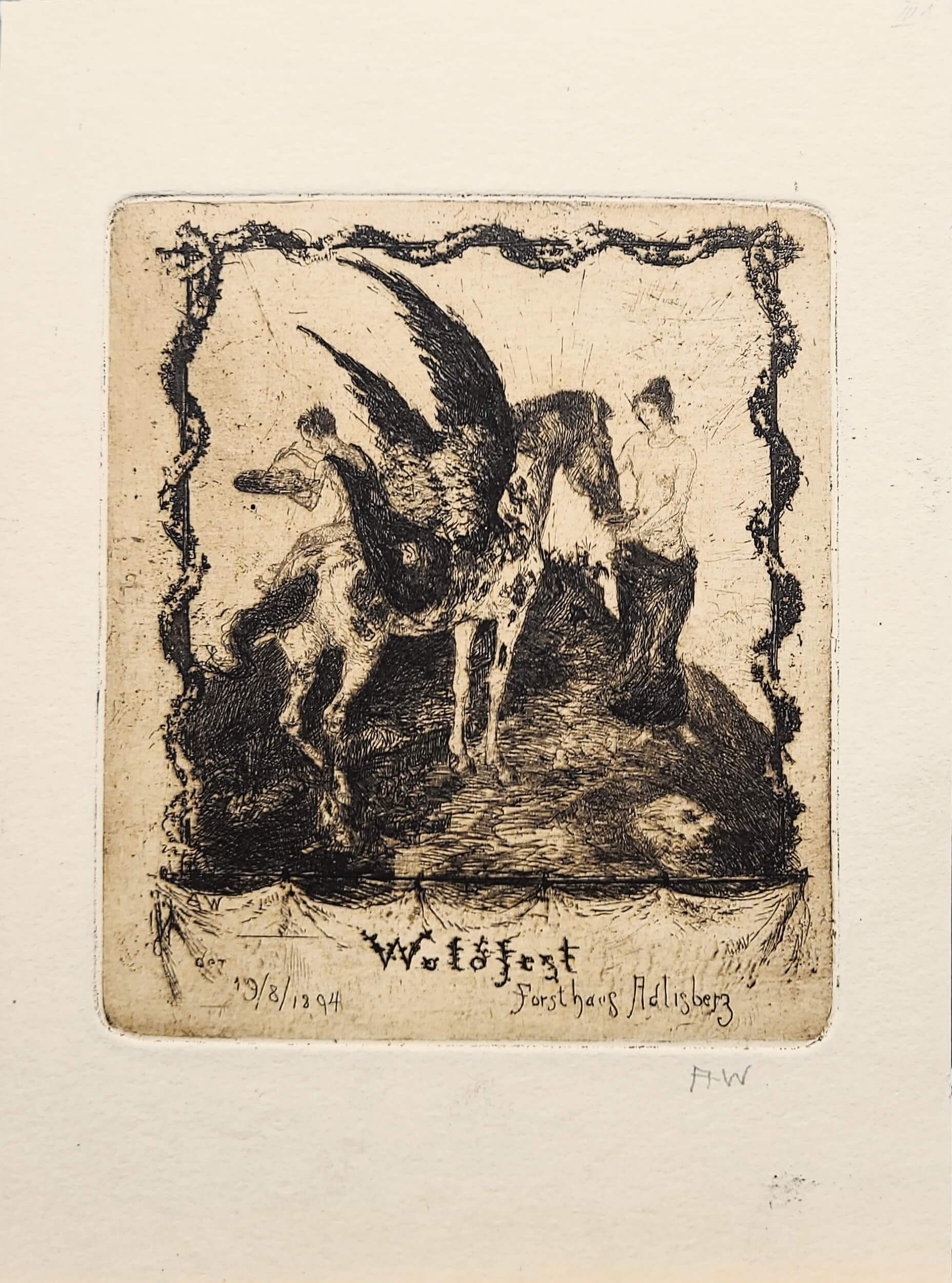 Radierung von Albert Welti "Waldfest" mit Pegasus