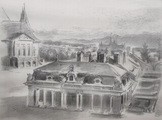 Kohlezeichnung von Ernst Hubert mit dem Casinoplatz in Bern