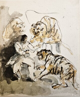 Dompteur mi drei Tigern in der Manege. Aquarell auf Papier.