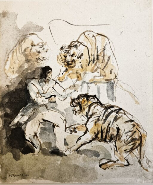 Dompteur mi drei Tigern in der Manege. Aquarell auf Papier.