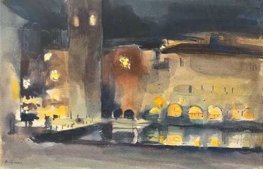 Riva in der Nacht. Ein Aquarell von Gunter Böhmer.