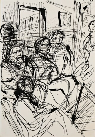 Hans Purrmann u. Gunter Böhmer im Atelier. Skizze in schwarzer Tusche auf Papier