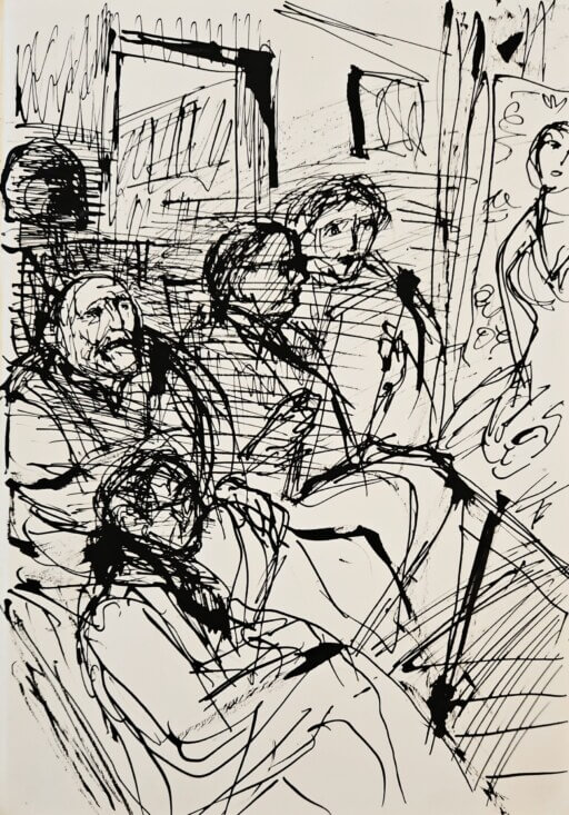 Hans Purrmann u. Gunter Böhmer im Atelier. Skizze in schwarzer Tusche auf Papier
