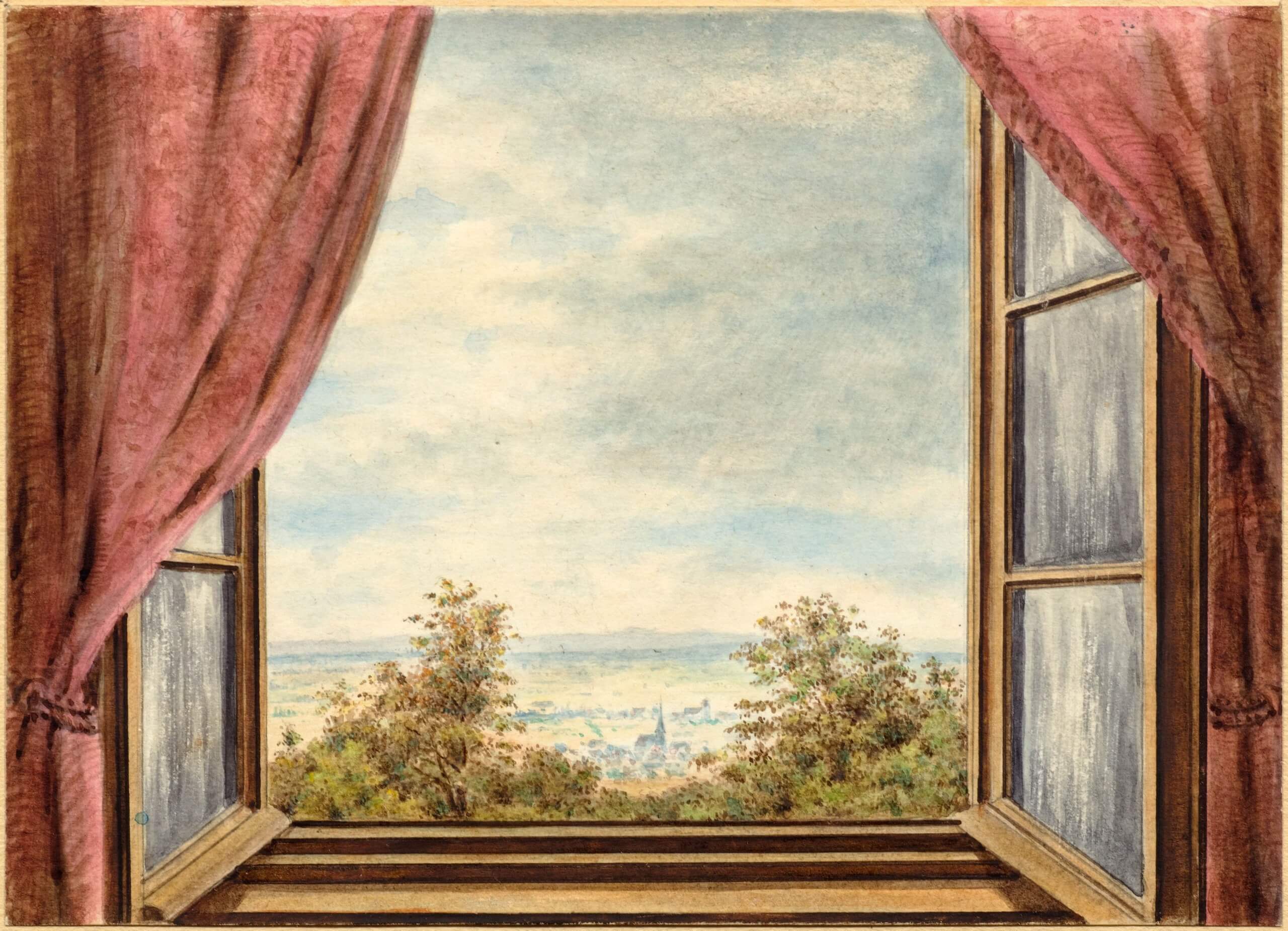 Aquarell von Christian Morgenstern "Blick aus dem Fenster in eine ländliche Gegend hinein"