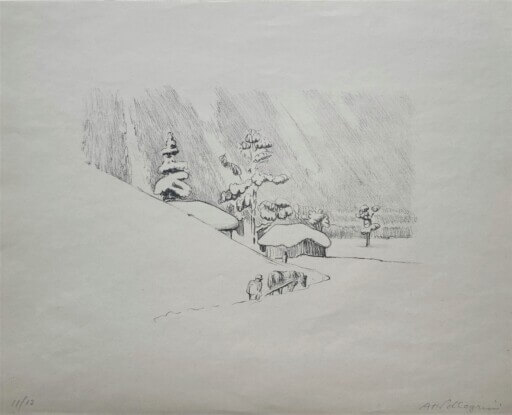 Winterlandschaft. Radierung von Pellegrini.