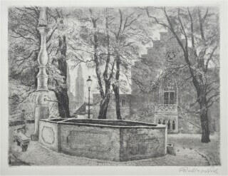 Radierung von Gregor Rabinovitch mit dem Freimaurertemoel und Brunnen in Zürich