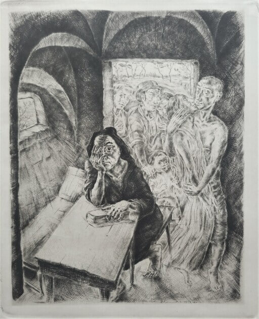 Der heilige Antonius sinnend am Tisch sitzend. Rdierung von Gregor Rabinovitch