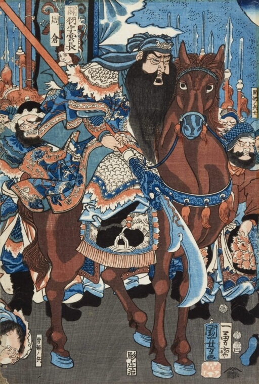 Holzschnitt mit Krieger auf Pferd