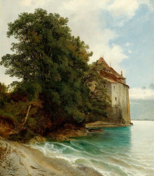 Das Chateau Chillon von Westen gesehen. Ölgemälde von Alexandre Calame