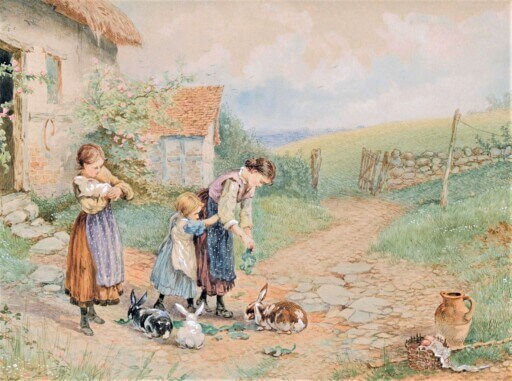 Mädchen beim Füttern von Kaninchen. Zeichnung von Myles Birket Foster