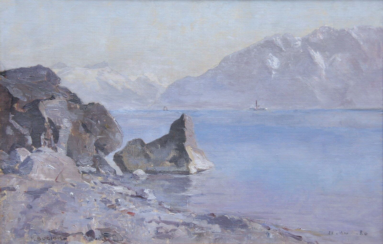 Der Genfersee vom Ufer von Rivaz aus betrachtet. Blick nach Osten.