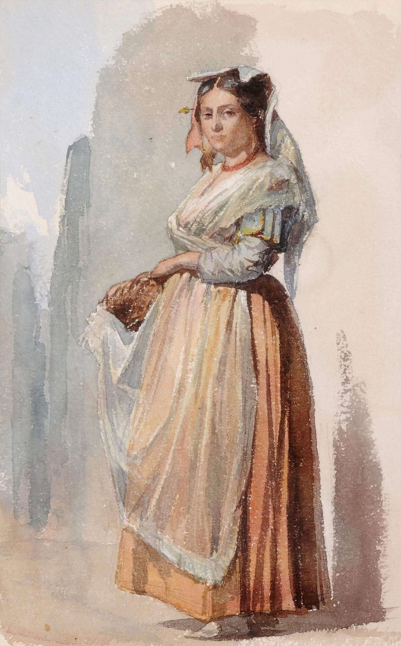 Jeune femme lavandière, aquarelle, italie