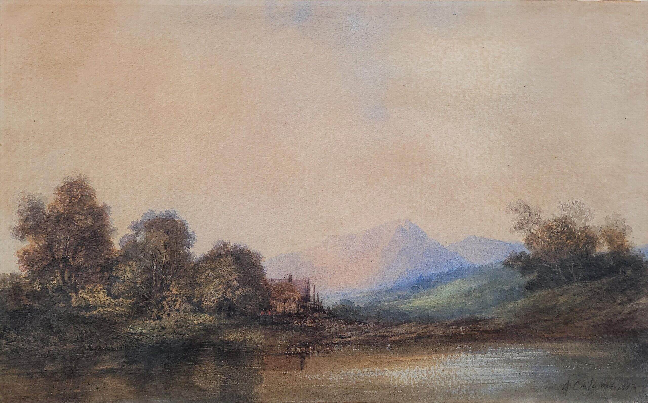 Aquarell von Alexandre Calame mit Flusslandschaft und Bergen im Hintergrund