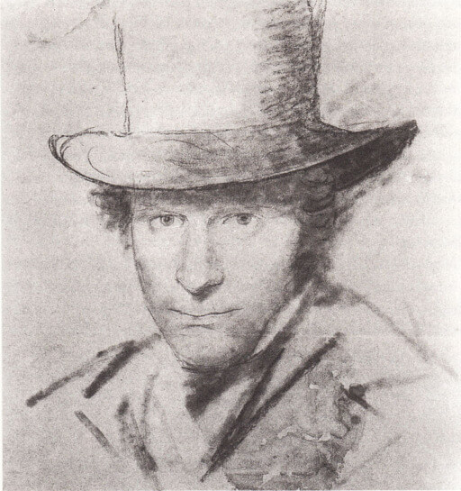 Selbstportrait mit Zylinder von Carl Blechen. Kohle auf Papier