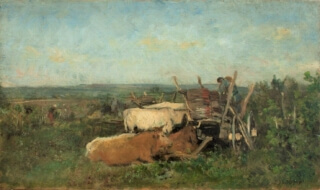 Weinernte im Burgund. Kühe, ein Karren und Weinbauern im Hintergrund.