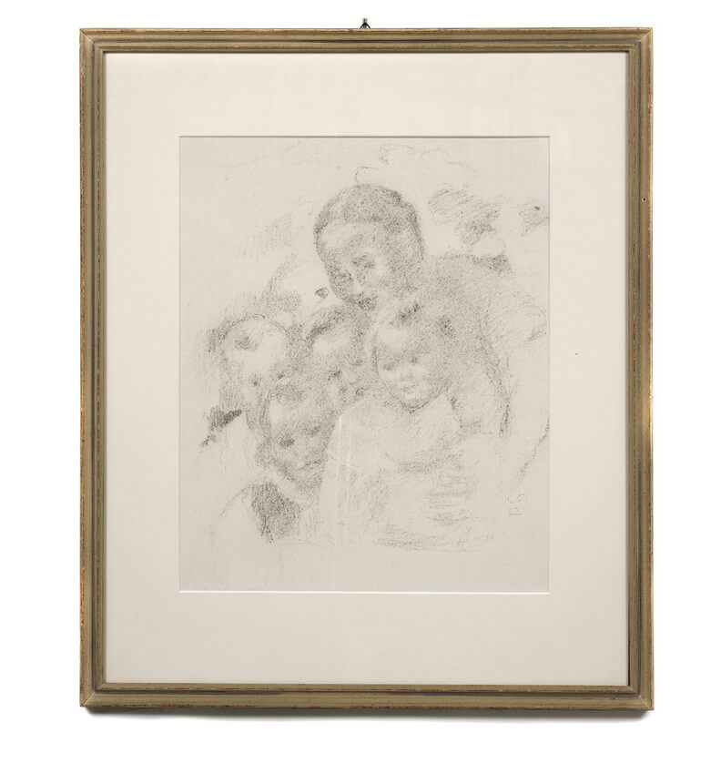 Zeichnung einer Mutter mit Kindern von Cuno Amiet. Gerahmt.