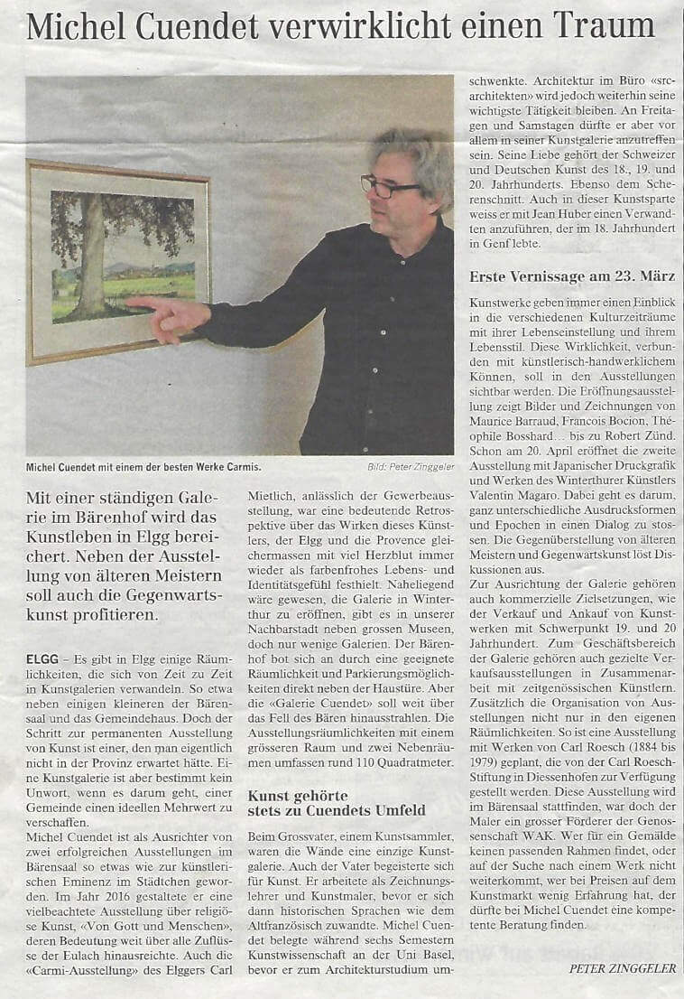 Presseartikel Elgger Zeitung zur Gründung der Cuendet Kunstgalerie