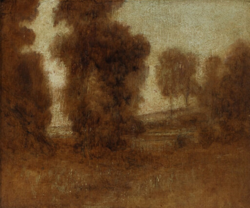 Landschftsgemälde von Eugène Carrière. Dargestellt sind Bäume und Wiesen. Alles in monochromer Malweise.