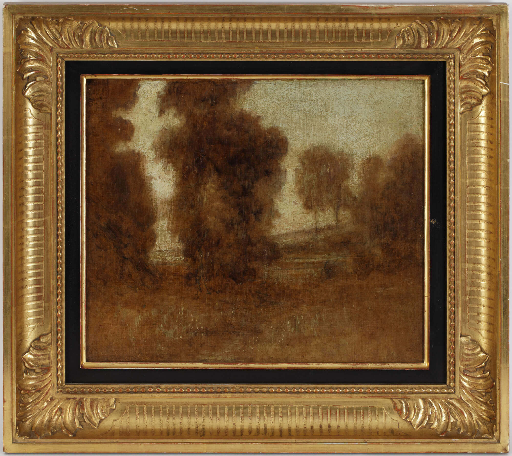 Landschaftsgemälde von Eugène Carrière. Dargestellt sind Bäume und Wiesen. Alles in monochromer Malweise