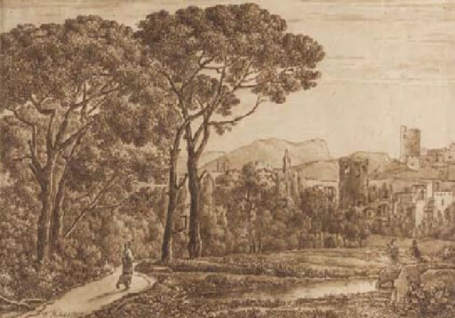 Südliche Landschaft von Franz Kobell mit Bäumen und Architektur im Hintergrund