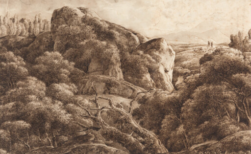Felsenlandschaft mit Bäumen von Franz Kobell