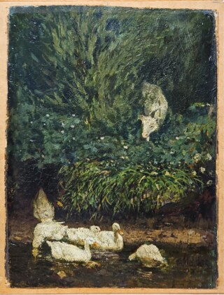 Geiss schaut auf schwimmende Enten herab. Gemälde von Gustav Melzer