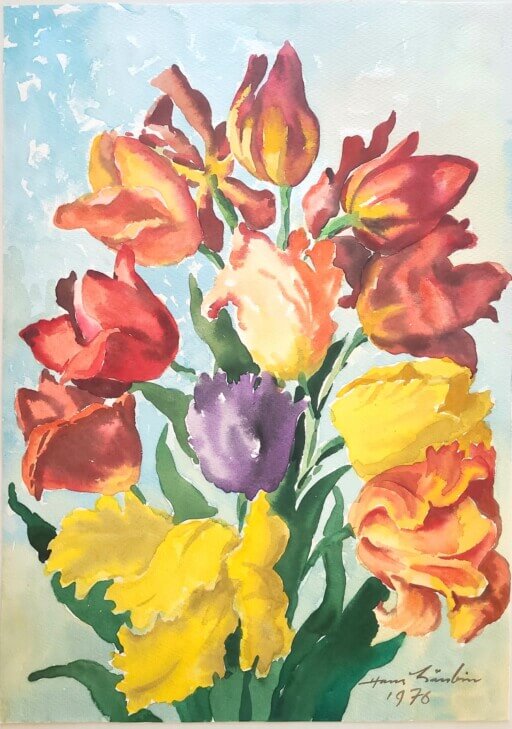 Aquarell mit Tulpenstrauss von Hans Läubin