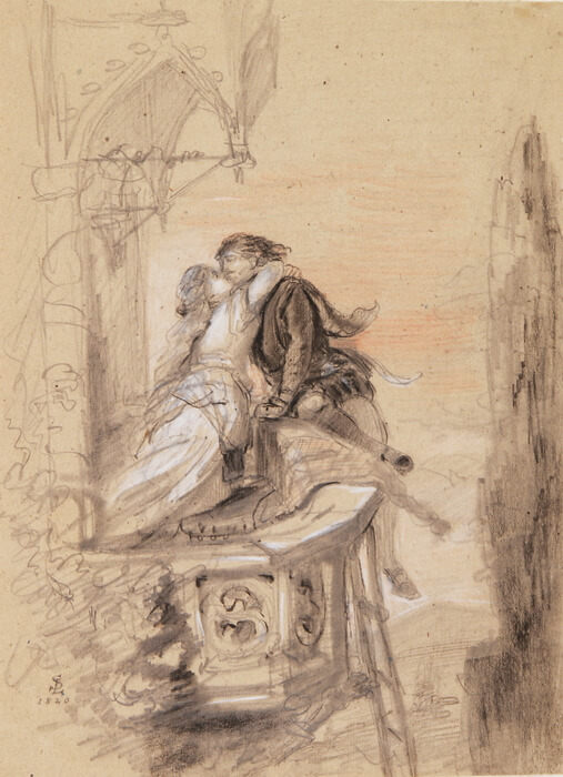 Zeichnung von Julius Schnorr von Carolsfeld "Romeo und Julia. Romeo erklettert den Balkon".