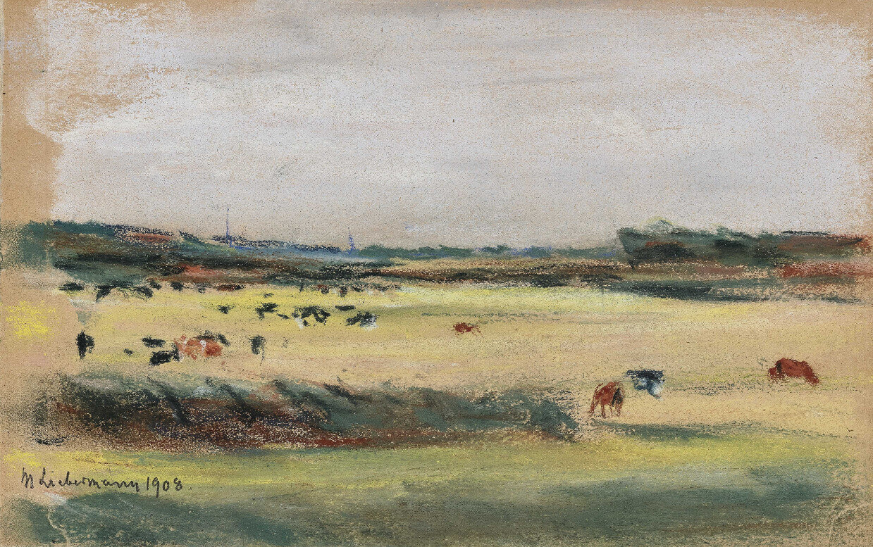 Landschaft mit weidenden Kühen von Max Liebermann. Pastellkreide auf Papier.