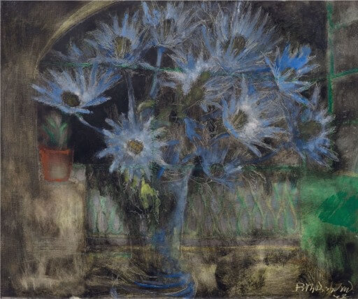 Zeichnung von Rodolphe Theophile Bosshard "Alpendisteln in blauer Vase"